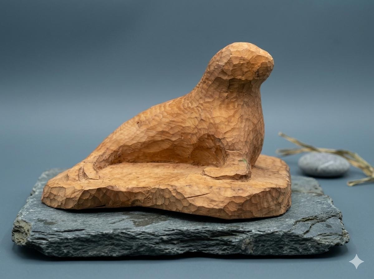 Vintage Holzskulptur Robbe, Schwarzwald Volkskunst