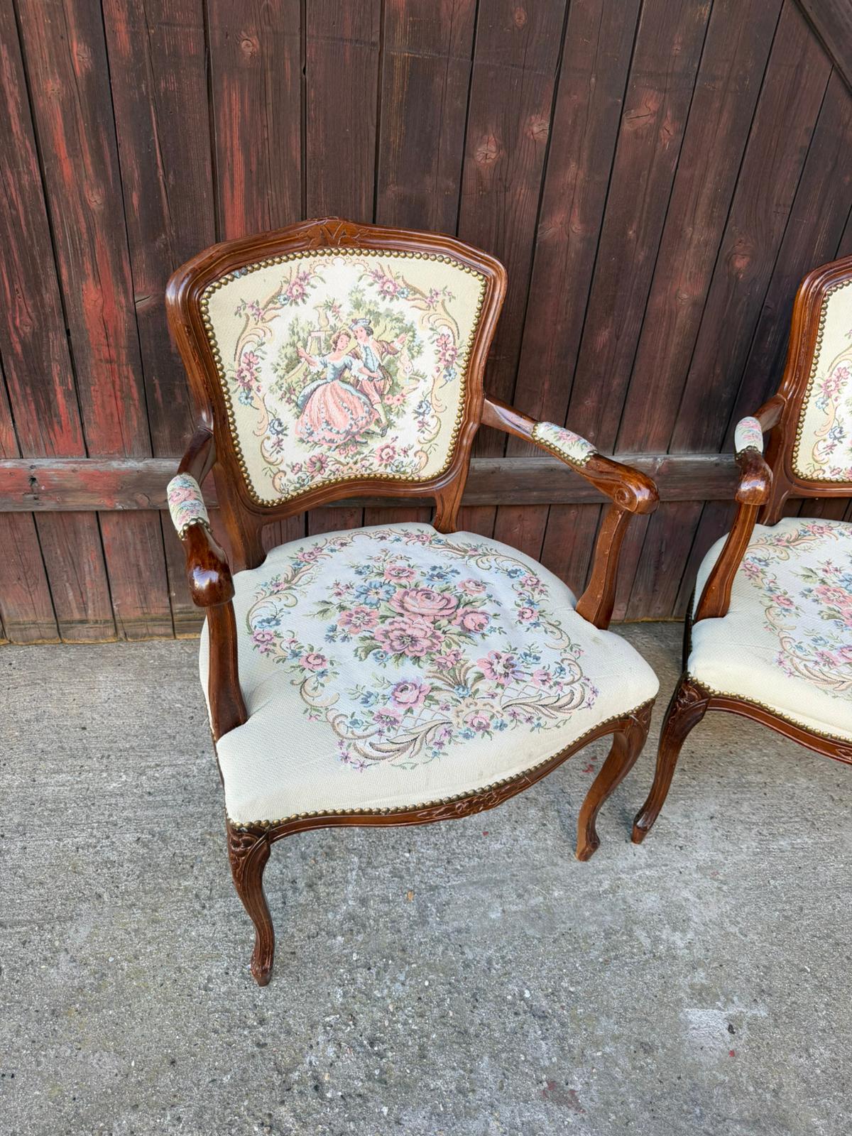 Set von 2 Vintage Armlehnstuhl Louis XV Rokoko mit Gobelin-Bezug