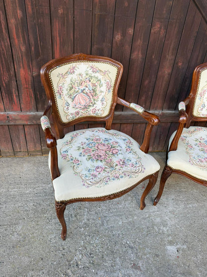Set von 2 Vintage Armlehnstuhl Louis XV Rokoko mit Gobelin-Bezug