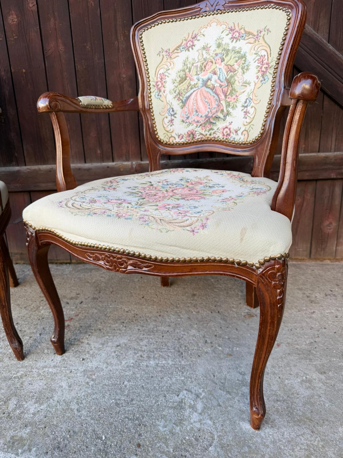 Set von 2 Vintage Armlehnstuhl Louis XV Rokoko mit Gobelin-Bezug