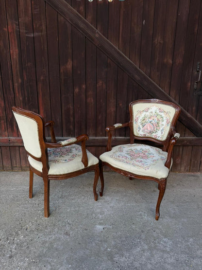 Set von 2 Vintage Armlehnstuhl Louis XV Rokoko mit Gobelin-Bezug