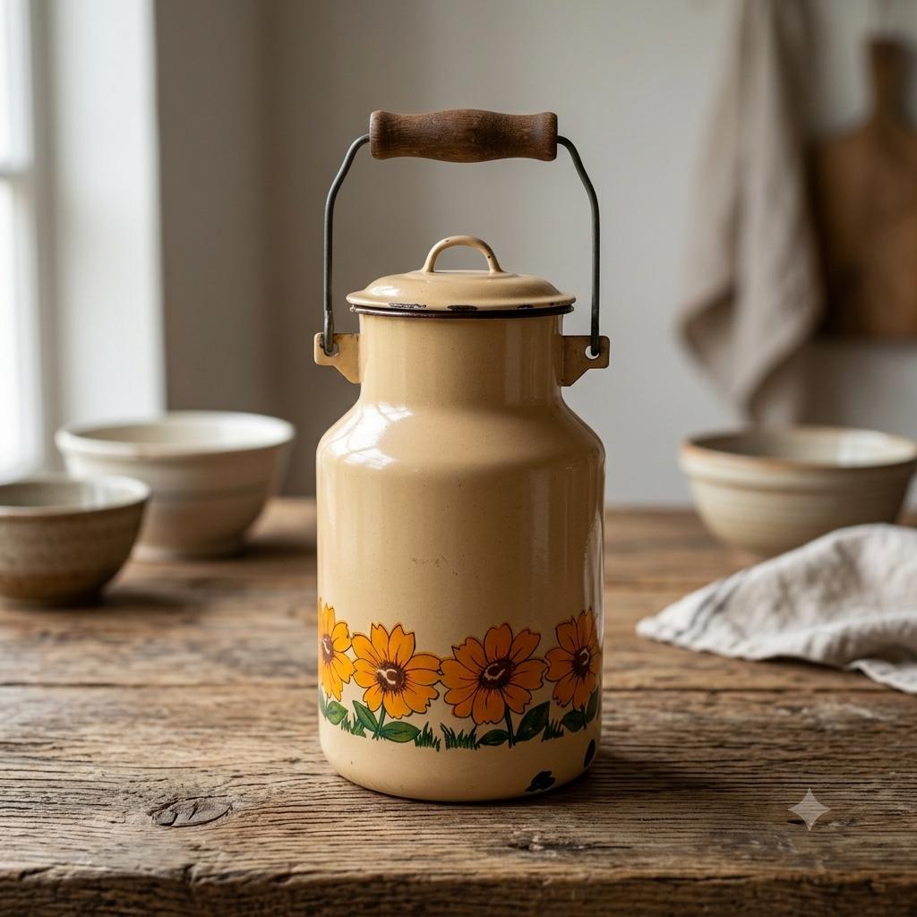 Vintage Emaille Milchkanne Sonnenblumen Gelb, 2L Country Style