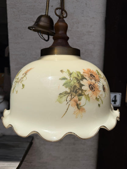 Vintage Hängeleuchte Opalglas mit Sonnenblumen-Motiv