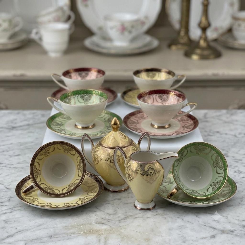 Vintage Mokka-Set Alka Bavaria Lüsterglasur Gold, 14-teilig
