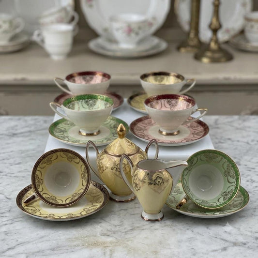 Vintage Mokka-Set Alka Bavaria Lüsterglasur Gold, 14-teilig