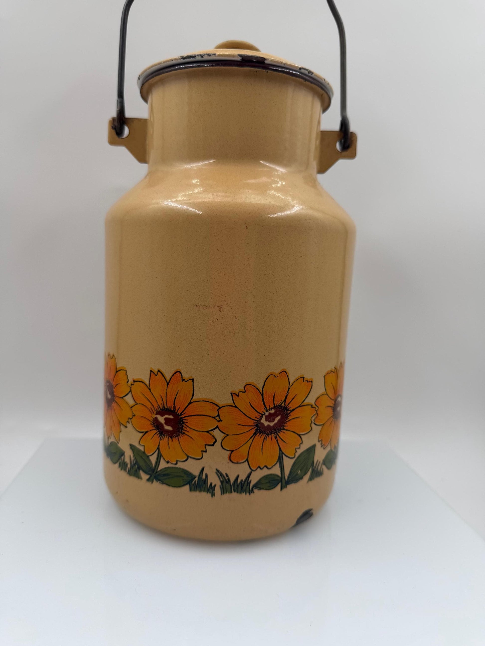 Vintage Emaille Milchkanne Sonnenblumen Gelb, 2L Country Style