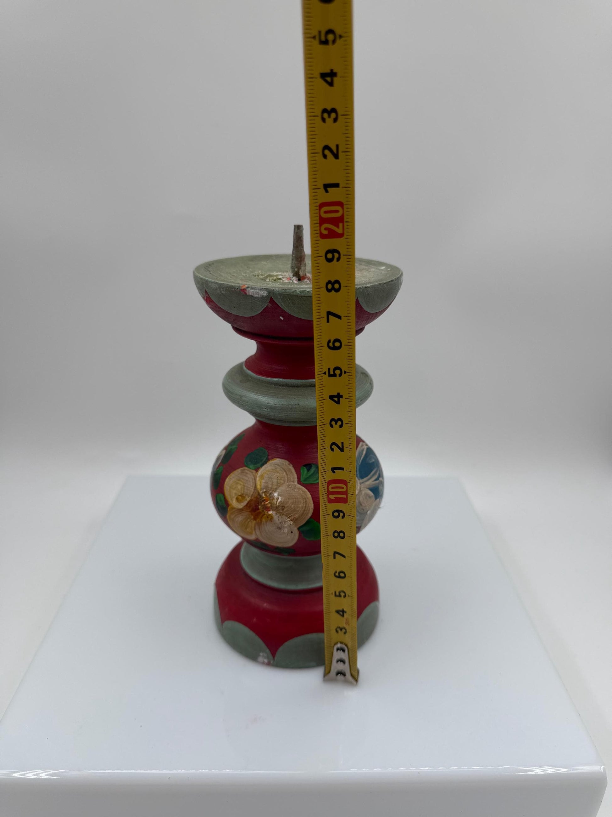 Vintage Kerzenhalter Folk Art Baluster, handbemalt