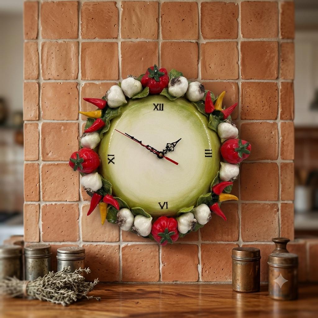 Vintage Keramik Wanduhr mit 3D-Gemüse Majolika Italien