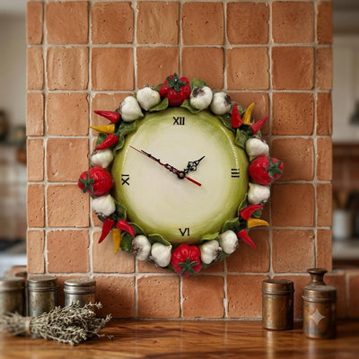 Horloge murale vintage en céramique avec légumes en 3D Majolique Italie