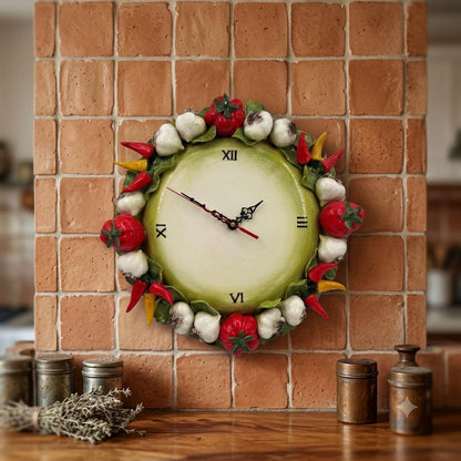 Vintage Keramik Wanduhr mit 3D-Gemüse Majolika Italien