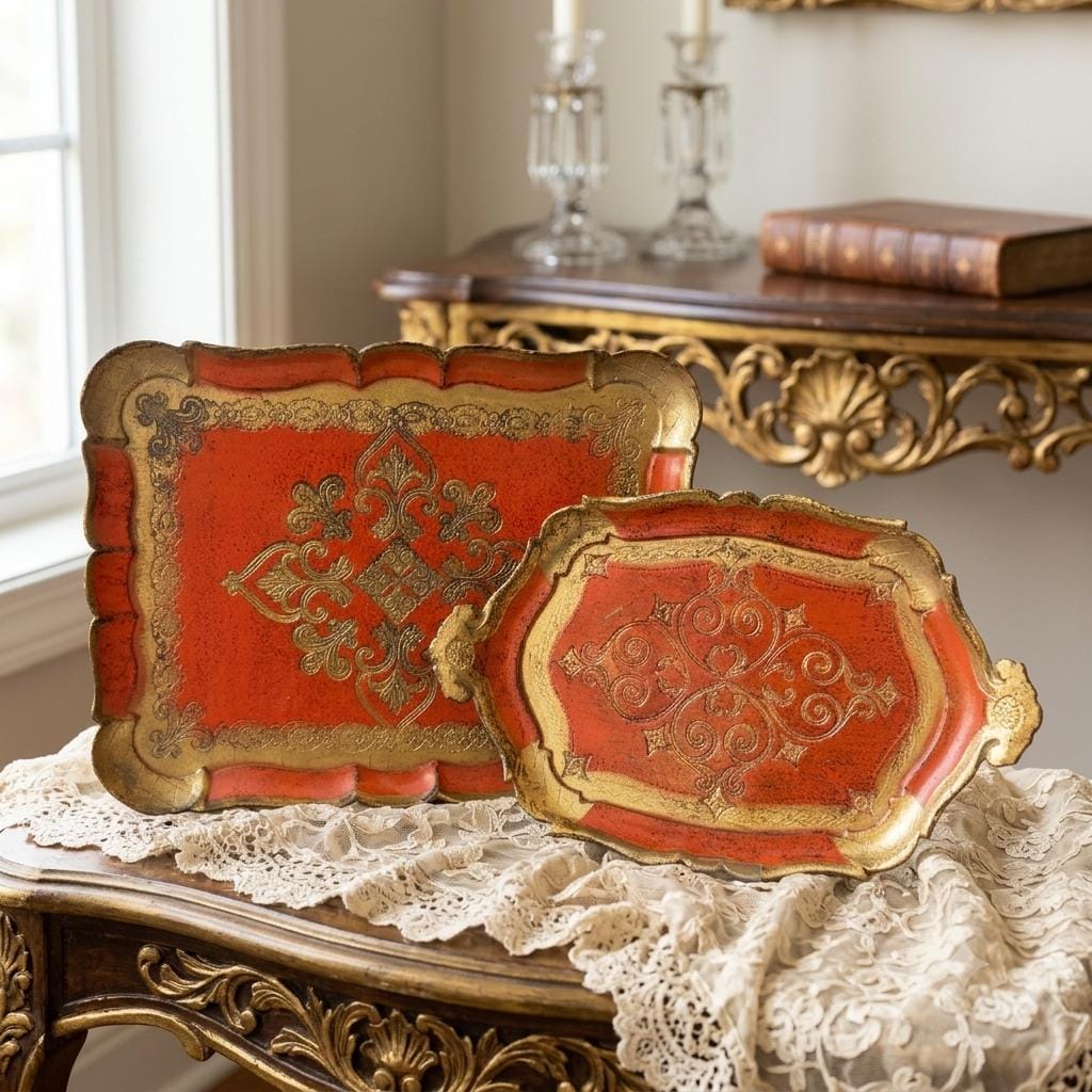 Set von 2 Vintage Tablett Florentiner Barock, Rot-Gold, Italien
