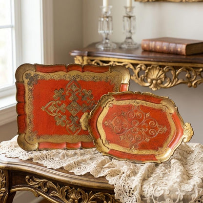 Set von 2 Vintage Tablett Florentiner Barock, Rot-Gold, Italien