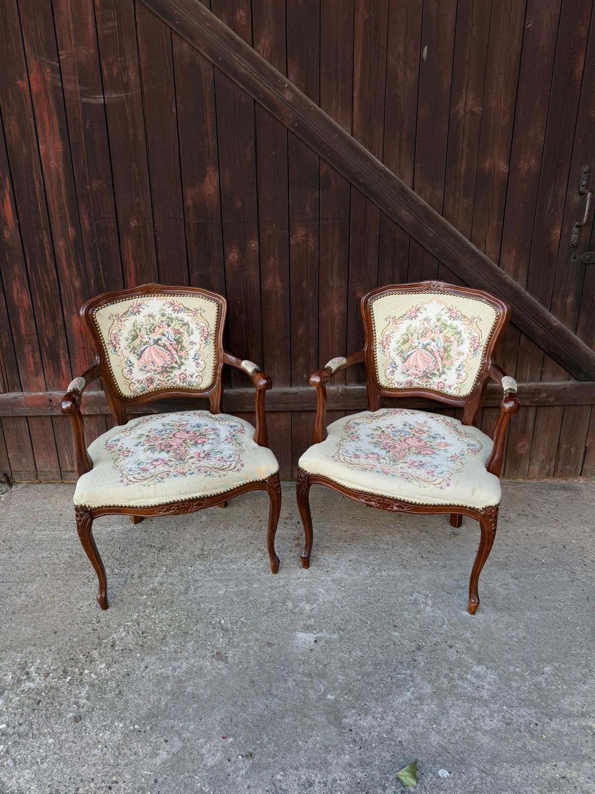 Set von 2 Vintage Armlehnstuhl Louis XV Rokoko mit Gobelin-Bezug