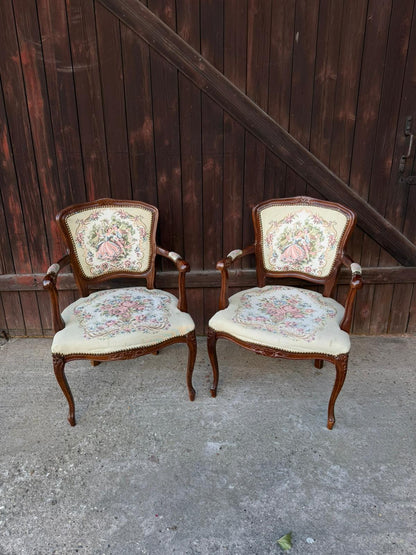 Set von 2 Vintage Armlehnstuhl Louis XV Rokoko mit Gobelin-Bezug