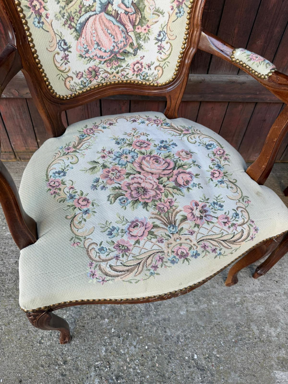 Set von 2 Vintage Armlehnstuhl Louis XV Rokoko mit Gobelin-Bezug