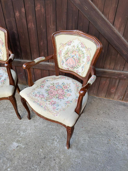 Set von 2 Vintage Armlehnstuhl Louis XV Rokoko mit Gobelin-Bezug