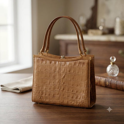 Vintage Handtasche Krokoprägung Cognacbraun Goldbeschläge