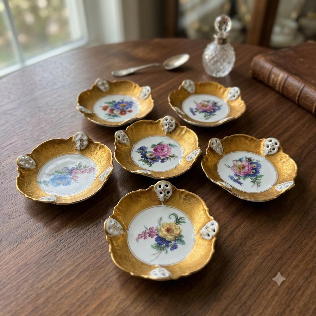 Set von 6 Vintage Bonbonschale von Rosenthal mit goldenem Blumendekor