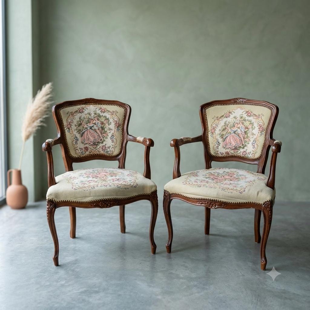 Set von 2 Vintage Armlehnstuhl Louis XV Rokoko mit Gobelin-Bezug