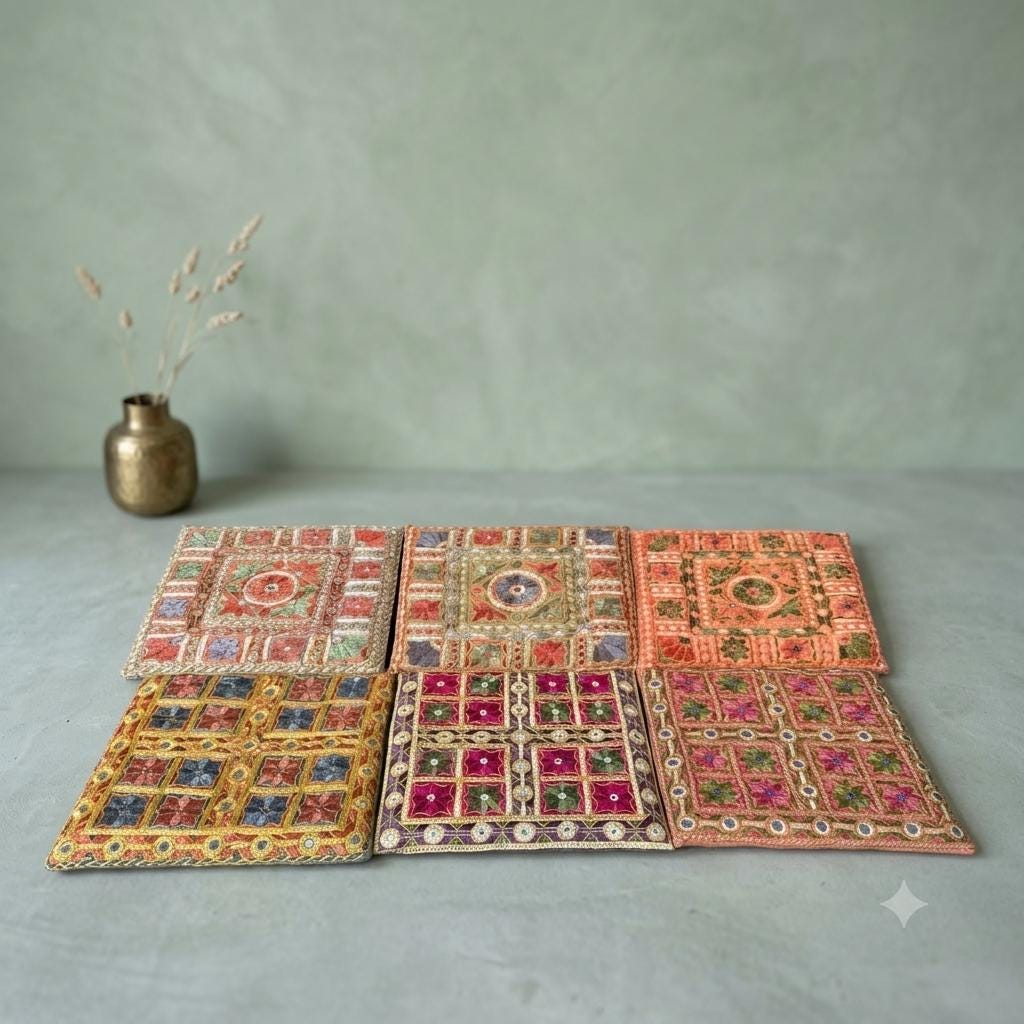 Set von 6 Vintage Kissenbezug aus Indien, Boho Folk Art