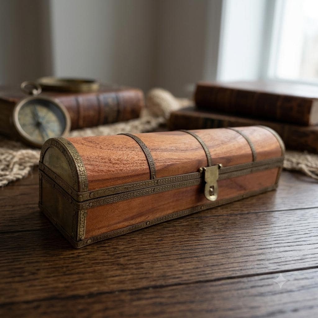 Vintage Schmuckschatulle Holz mit Messingbeschlägen, Halbrund-Deckel
