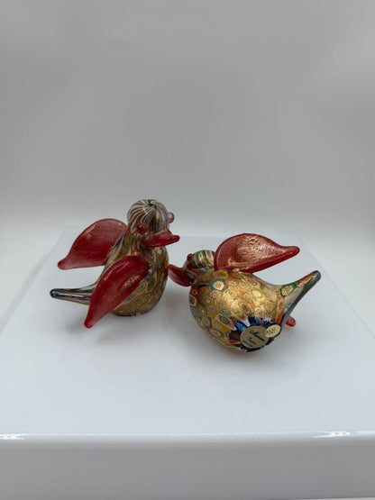 Set von 2 Vintage Murano-Glas Enten "Millefiori" mit Goldfolie