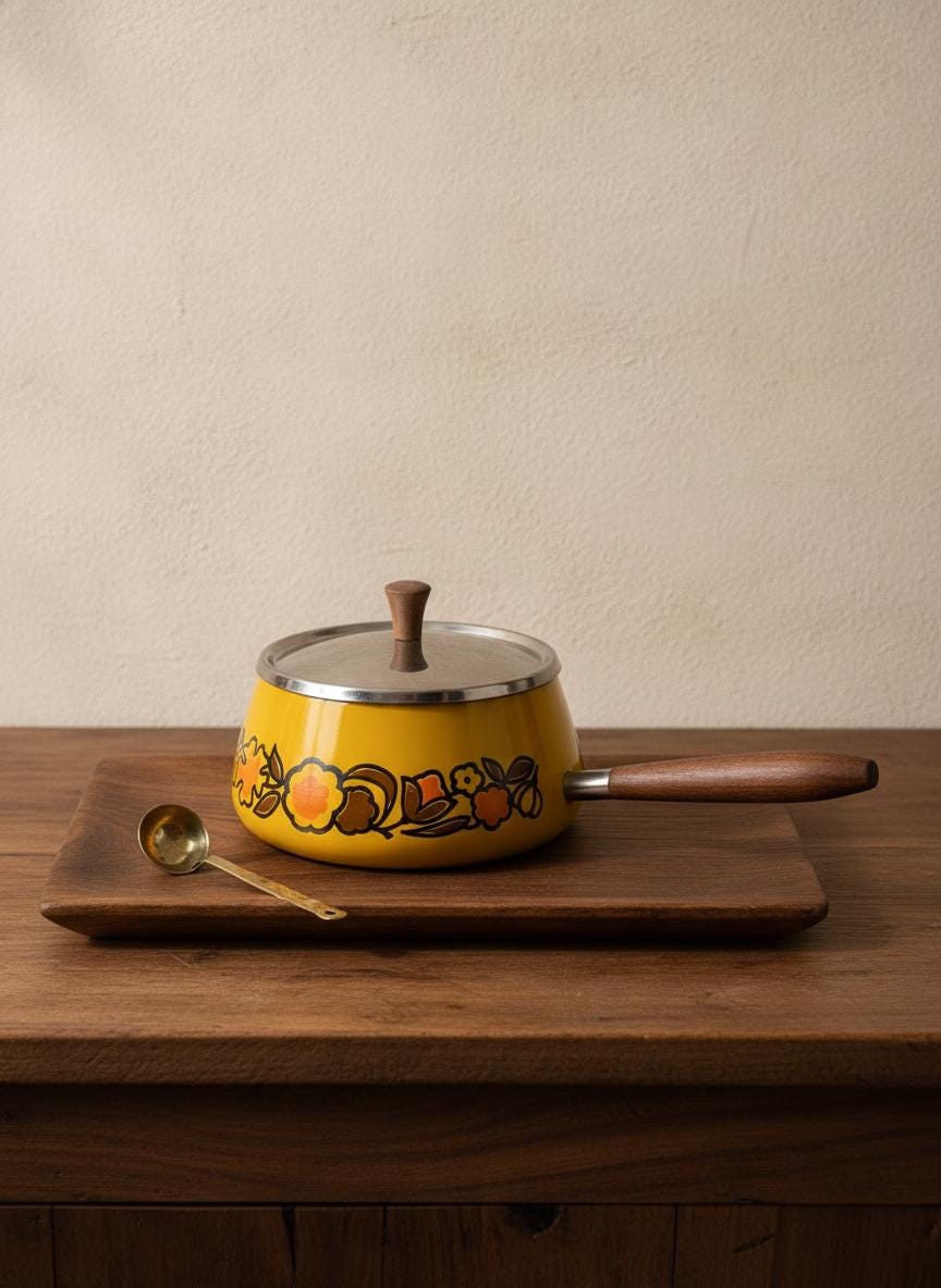 Vintage Emailletopf gelb mit Blumendekor, Holzgriff, 1970er