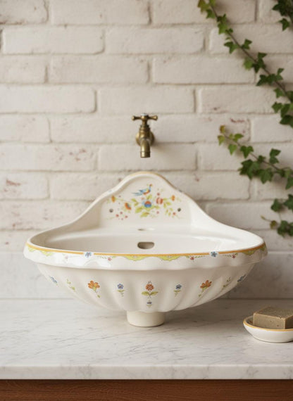 Vintage Waschbecken Faience Belle Époque mit Blumen- und Vogeldekor