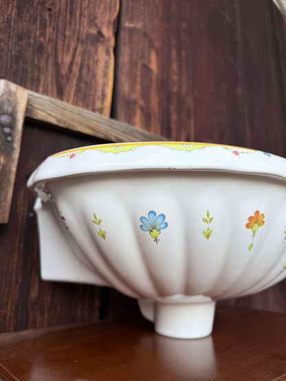 Vintage Waschbecken Faience Belle Époque mit Blumen- und Vogeldekor