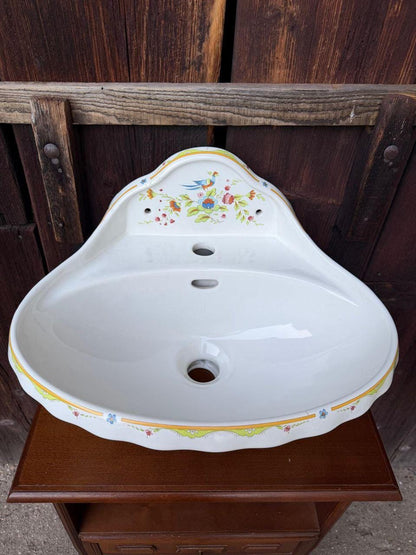 Vintage Waschbecken Faience Belle Époque mit Blumen- und Vogeldekor