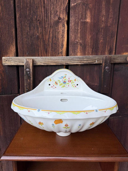 Vintage Waschbecken Faience Belle Époque mit Blumen- und Vogeldekor