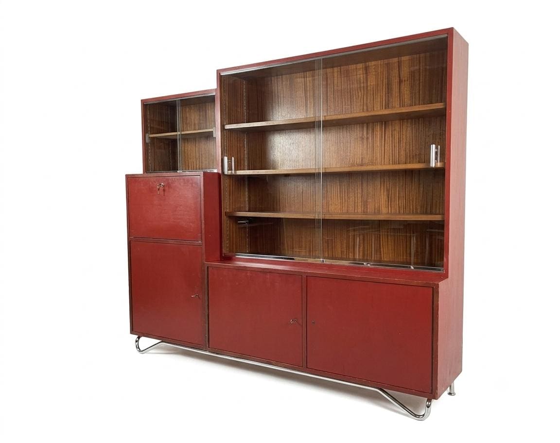 Vintage Bauhaus Vitrinenschrank Bordeauxrot, Karel Ort zugeschrieben