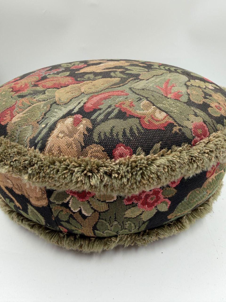 Vintage Fußhocker Gobelin Blumenmuster Rot