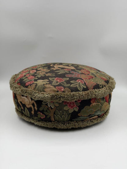 Vintage Fußhocker Gobelin Blumenmuster Rot