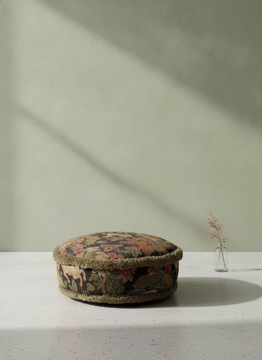 Vintage Fußhocker Gobelin Blumenmuster Rot