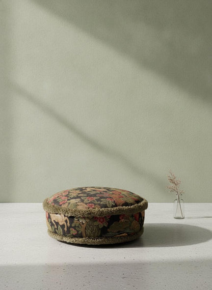 Vintage Fußhocker Gobelin Blumenmuster Rot