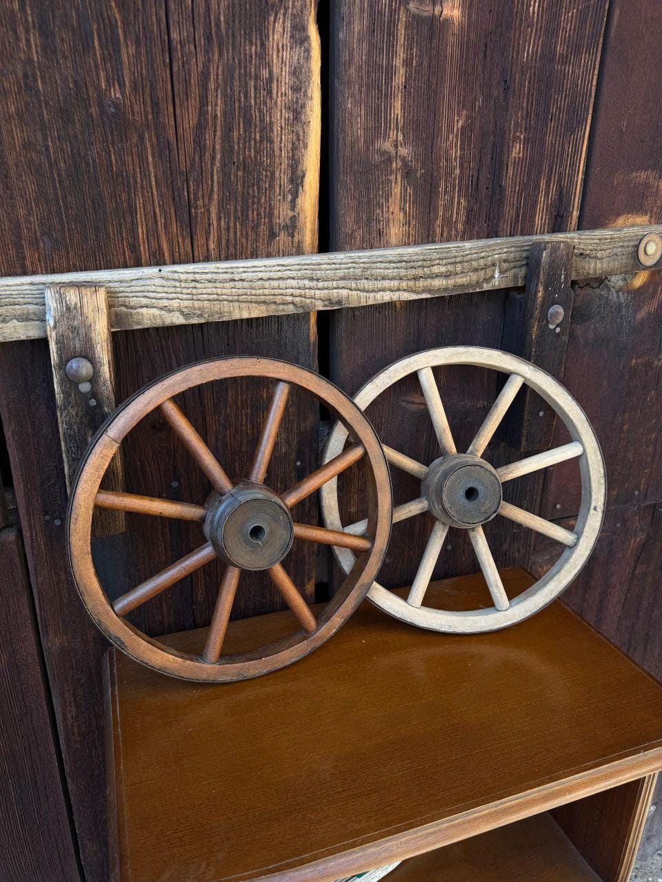 Set von 2 Vintage Wagenrad aus Holz, 27-28 cm
