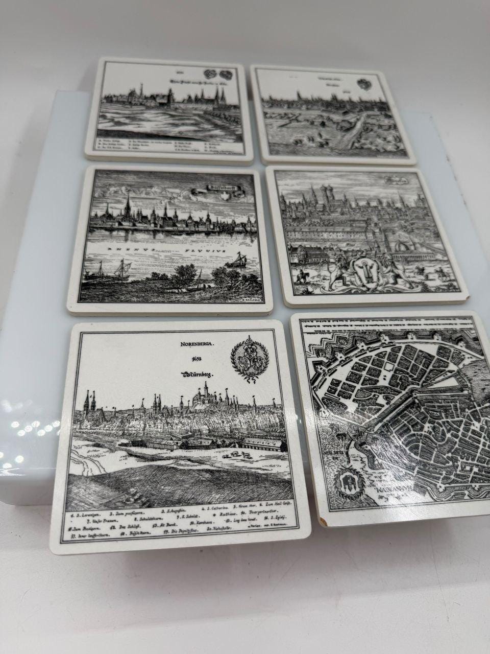 Set von 6 Vintage Untersetzer mit Städtegravuren, Deutschland