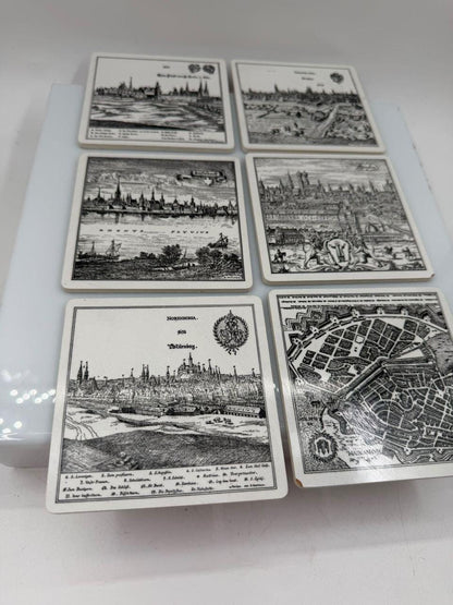 Set von 6 Vintage Untersetzer mit Städtegravuren, Deutschland