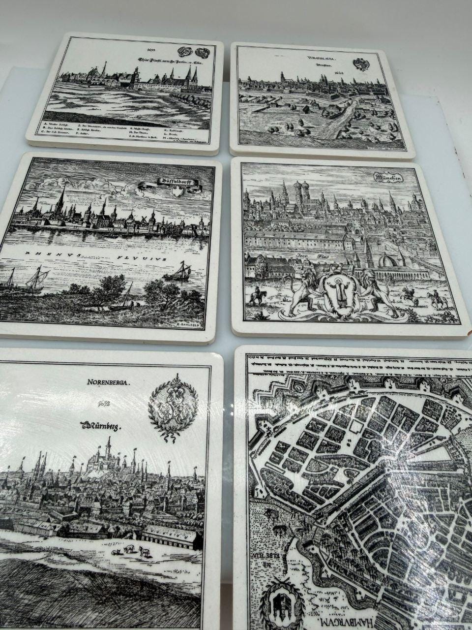 Set von 6 Vintage Untersetzer mit Städtegravuren, Deutschland