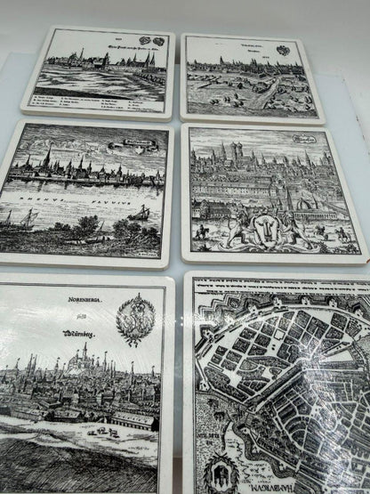 Set von 6 Vintage Untersetzer mit Städtegravuren, Deutschland