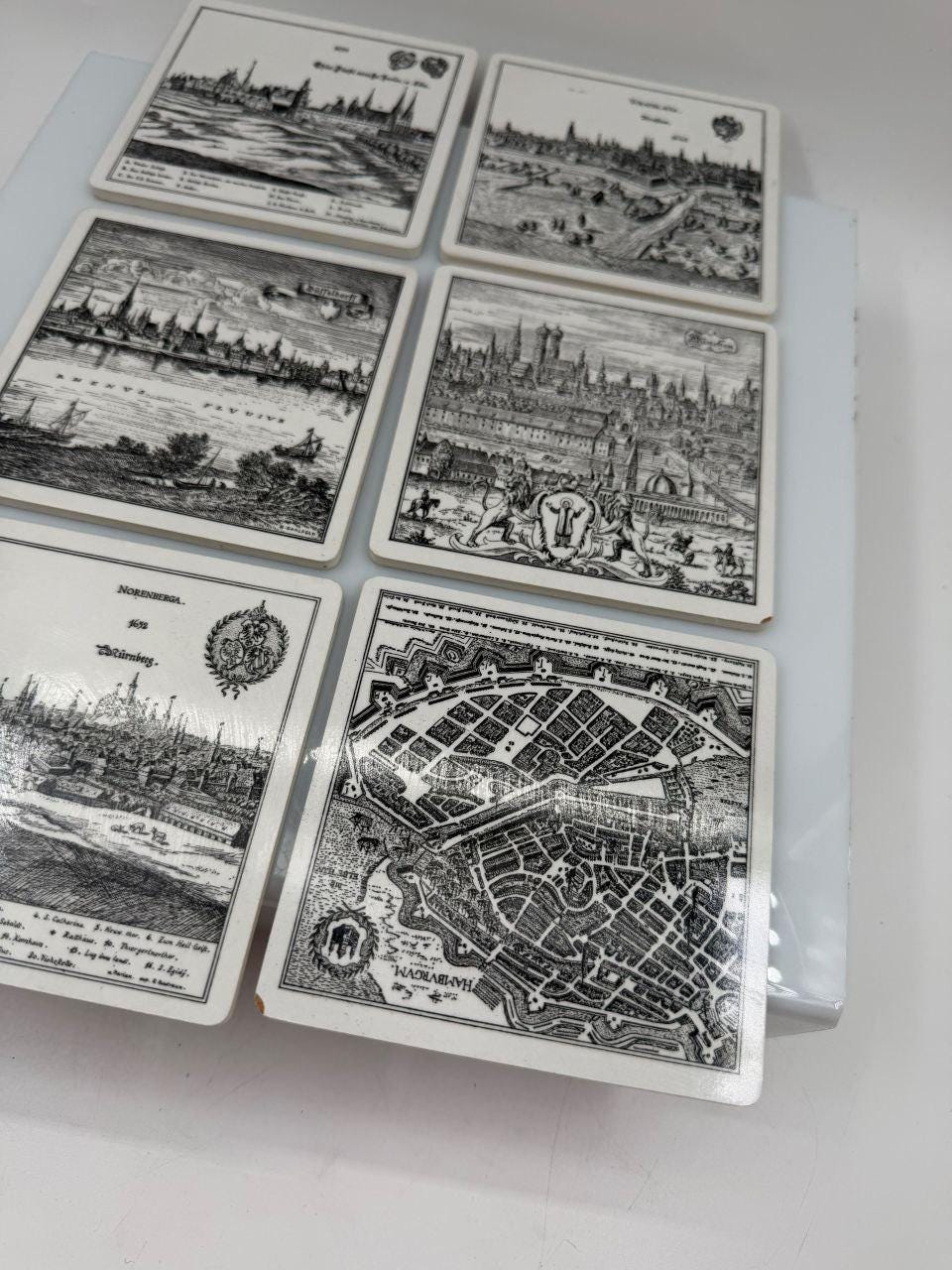 Set von 6 Vintage Untersetzer mit Städtegravuren, Deutschland