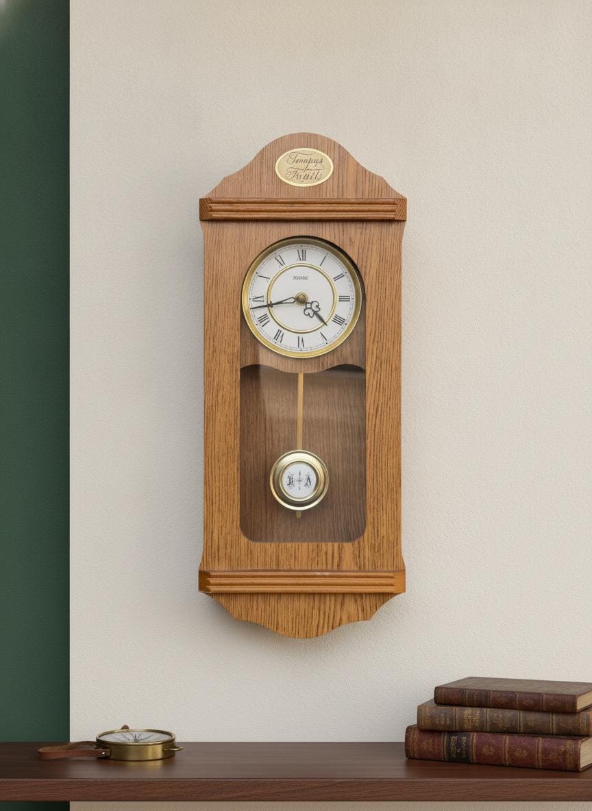 Vintage Pendeluhr Tempus Fugit, Eichenholz mit Messing-Regulator