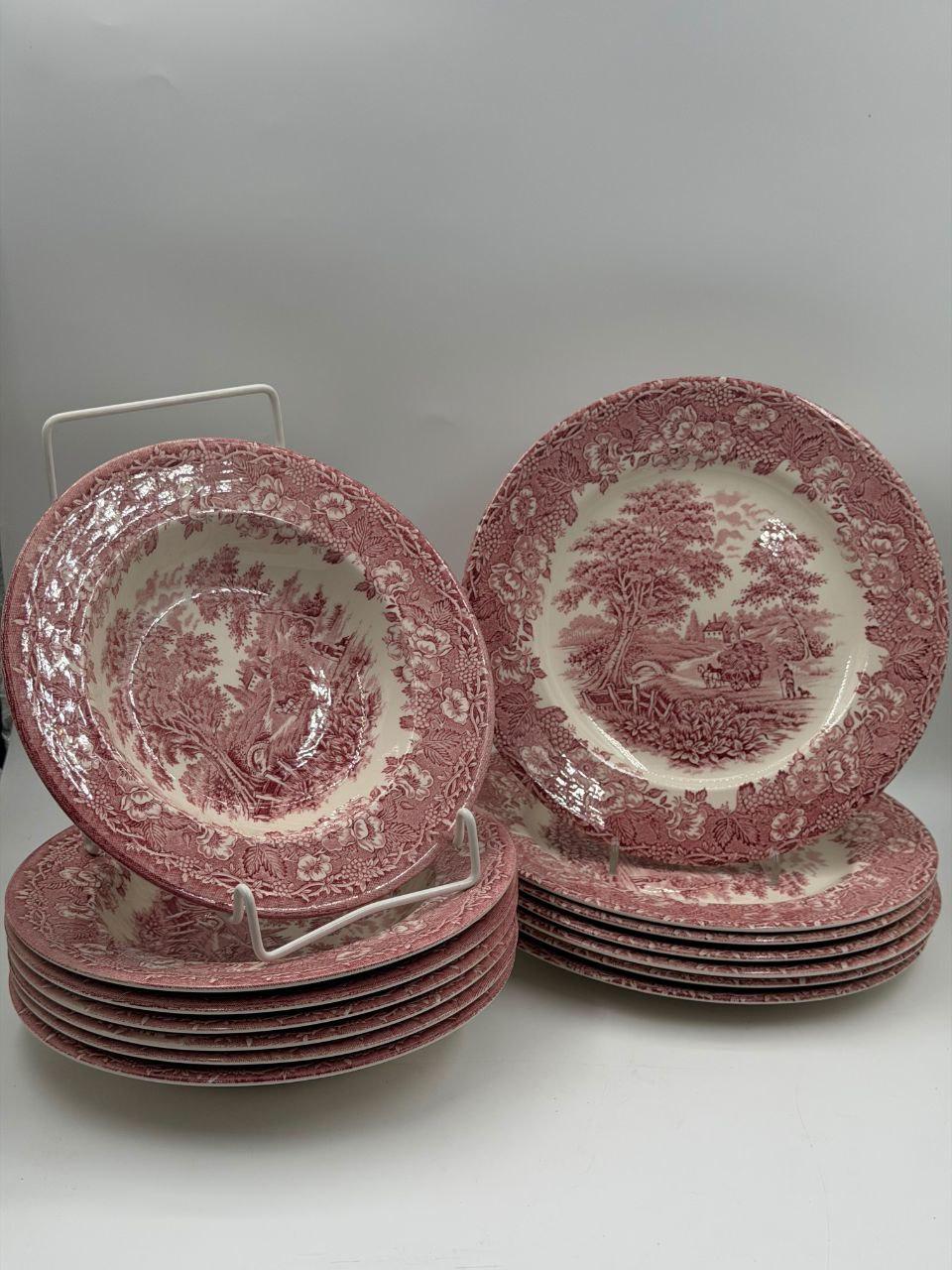 Set von 12 Vintage Geschirr Teller Englisches Ironstone Rot Pastoral