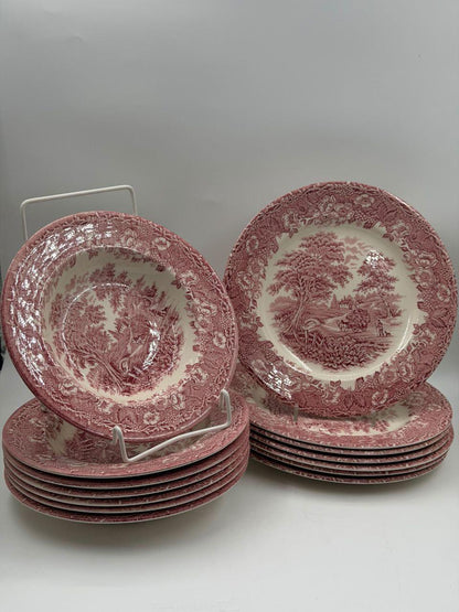 Set von 12 Vintage Geschirr Teller Englisches Ironstone Rot Pastoral