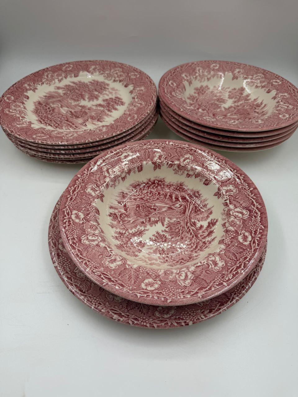 Set von 12 Vintage Geschirr Teller Englisches Ironstone Rot Pastoral