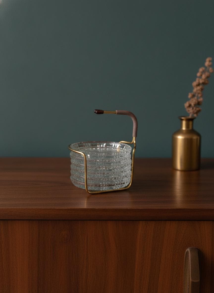 Vintage Untersetzer-Set Kristallglas mit Messinghalter