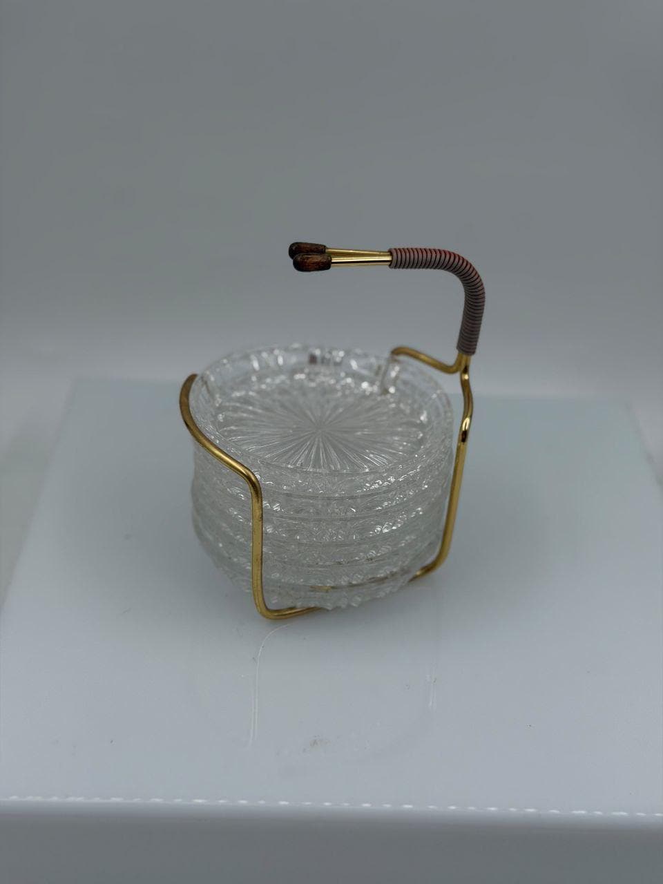 Vintage Untersetzer-Set Kristallglas mit Messinghalter