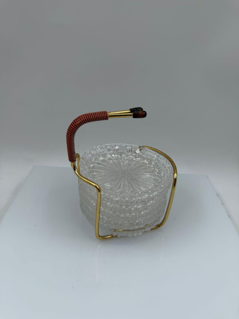 Vintage Untersetzer-Set Kristallglas mit Messinghalter