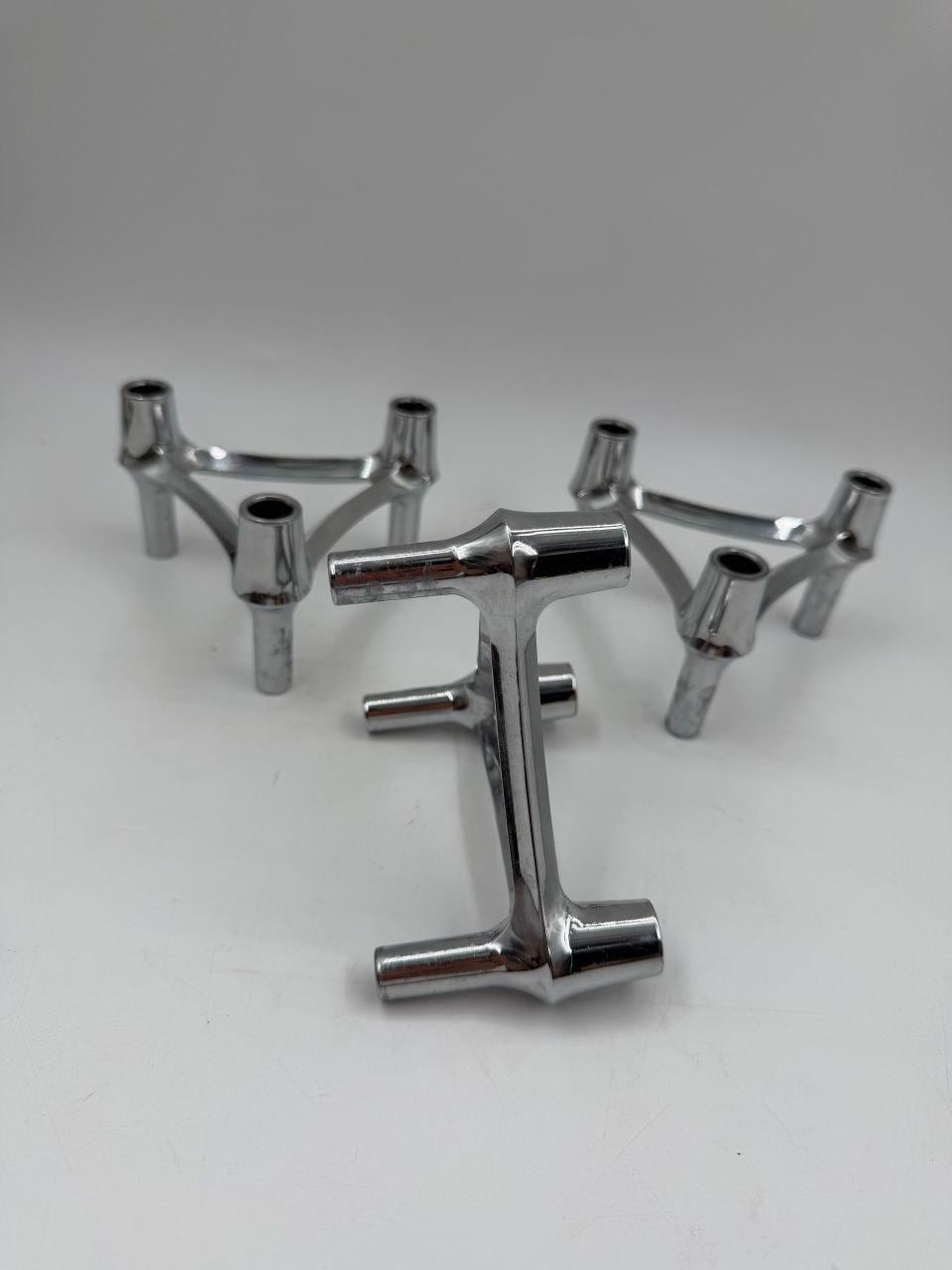 Set von 3 Vintage Kerzenhalter Chrom, modular, Mid-Century Modern